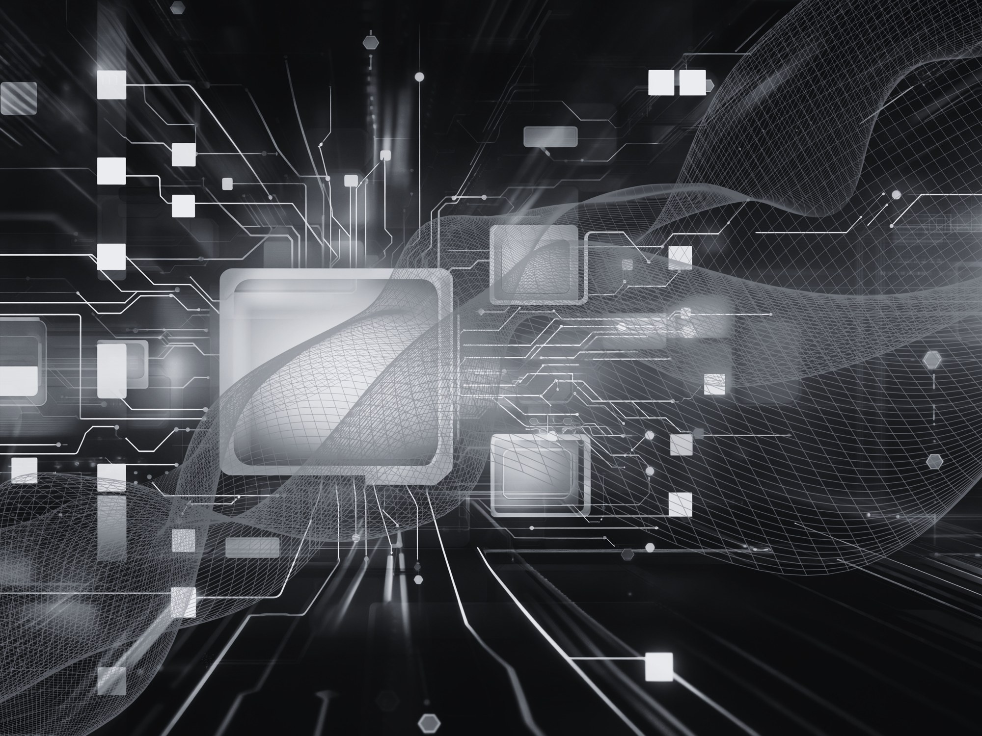 Absztrakt digitális áramköri felület fénylő rácsokkal